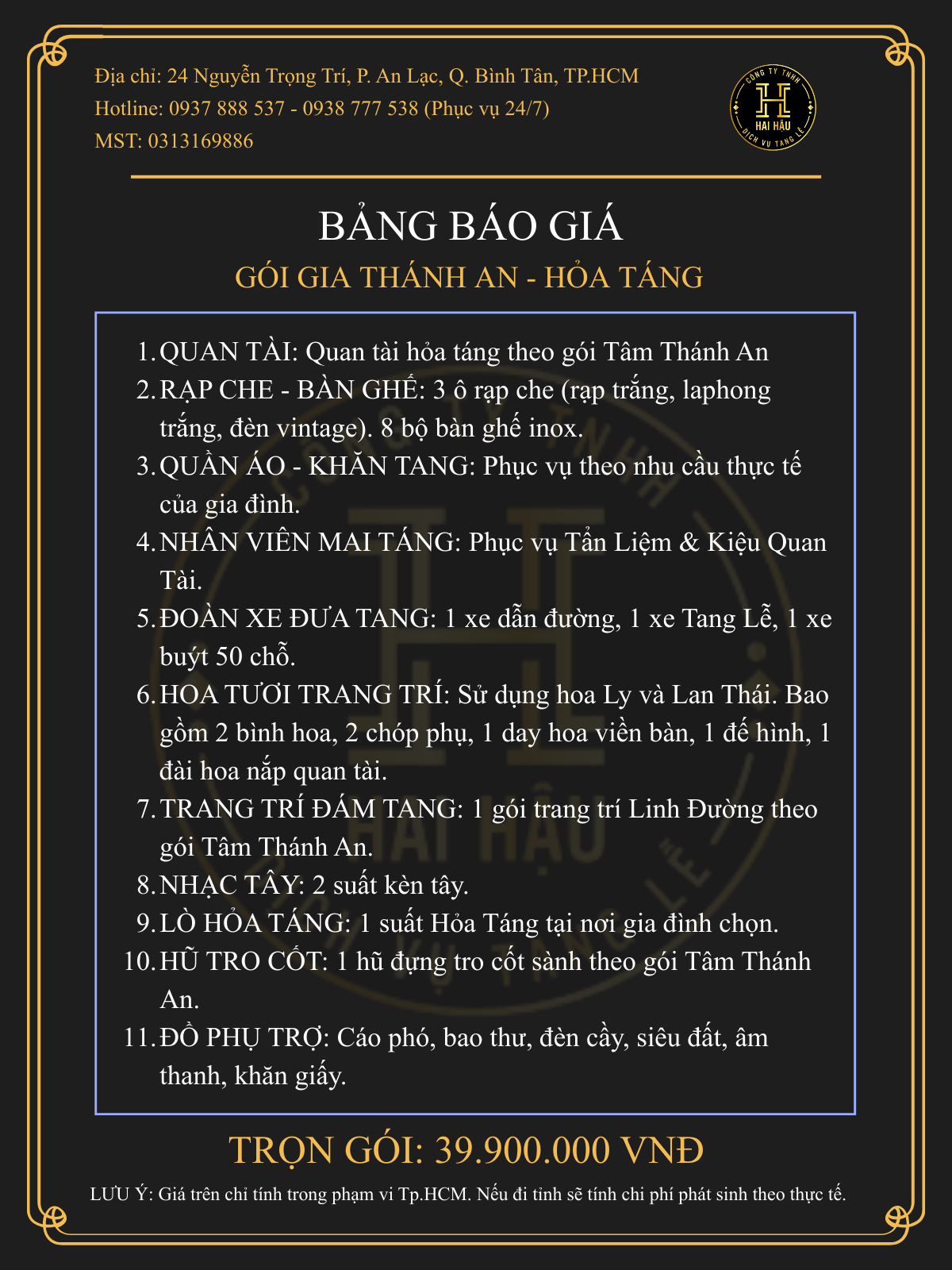 Gói TÂM THÁNH AN-Hỏa Táng