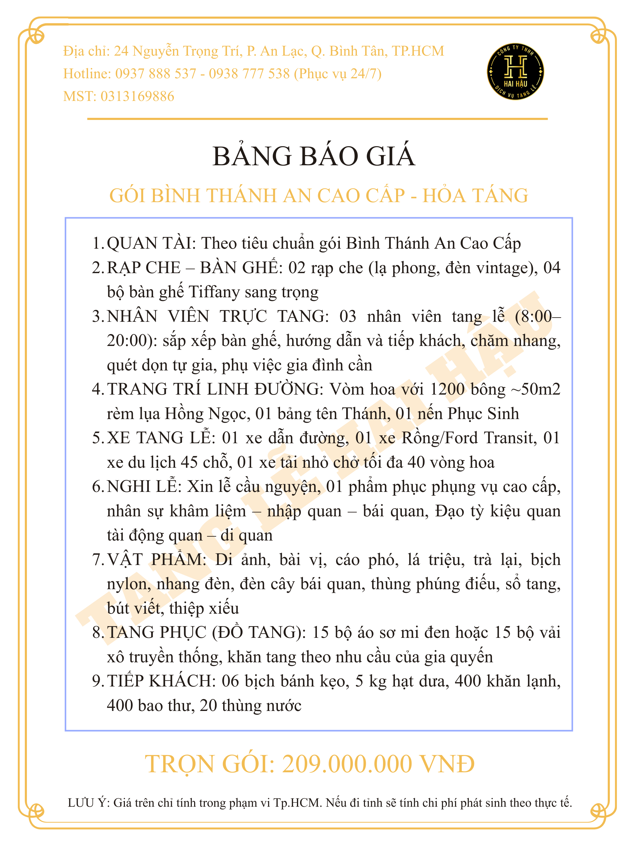 Gói BÌNH THÁNH AN CAO CẤP-Hỏa Táng